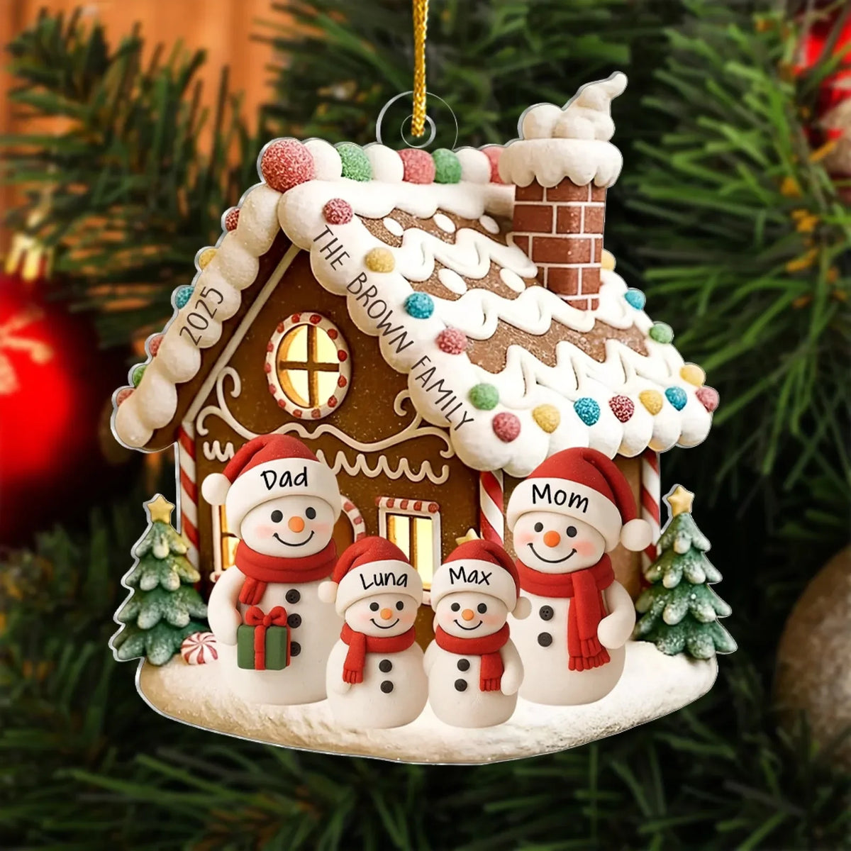 Personalized Acrylic Ornament, Snowman Family by a Gingerbread House, Unique Christmas Gift for Family