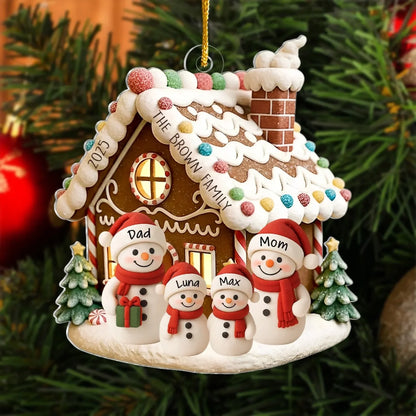 Personalized Acrylic Ornament, Snowman Family by a Gingerbread House, Unique Christmas Gift for Family