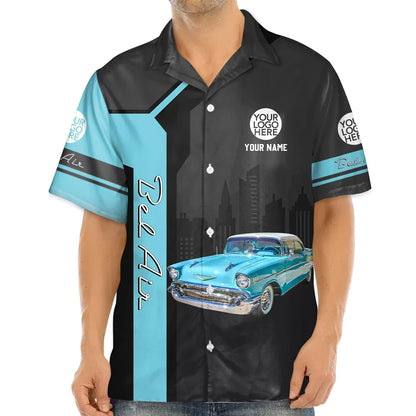 Personalized Hawaiian Shirt, Custom Classic Car Print, Black & Turquoise, Unique Gift for Car Enthusiast