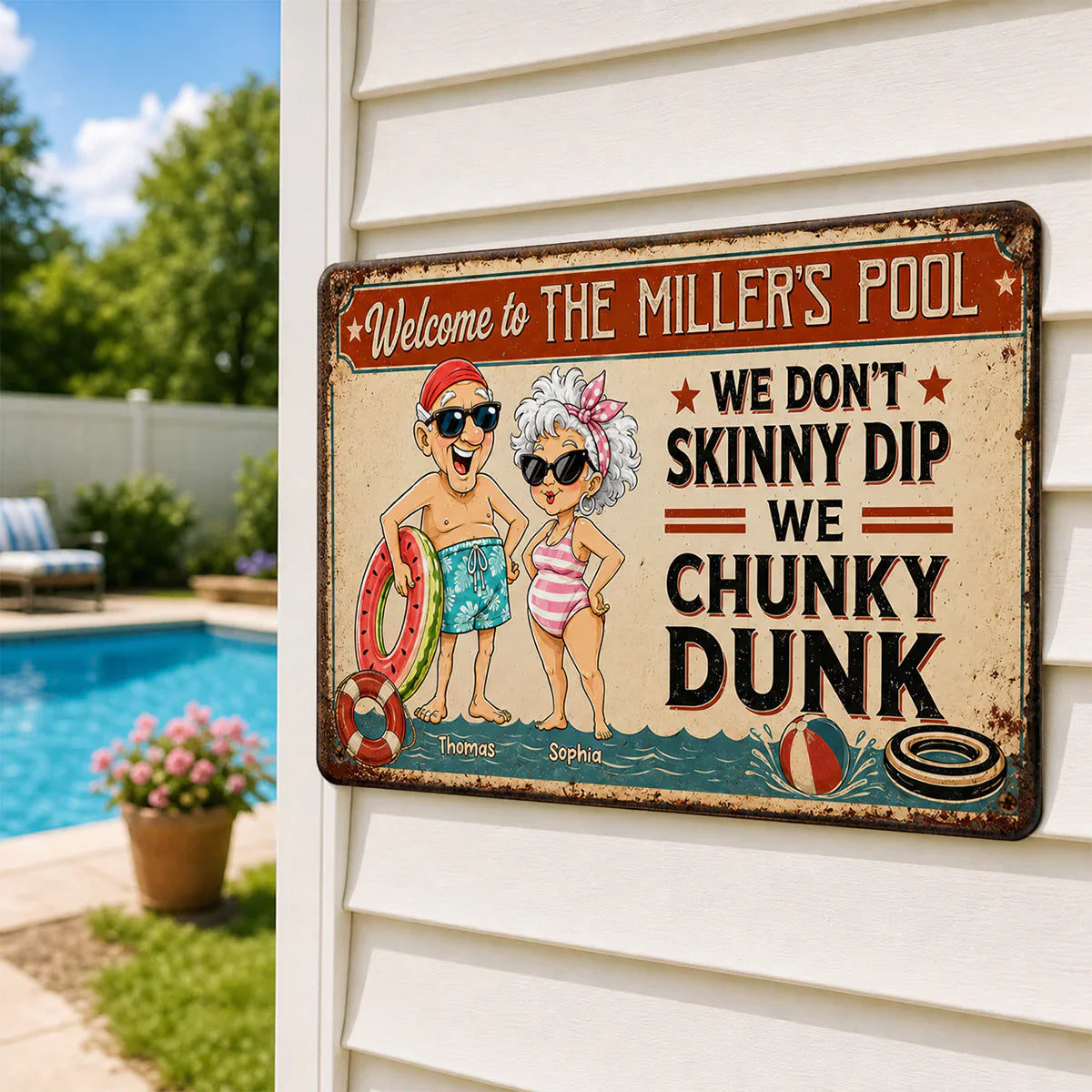 Personalized Rectangular Iron Sign, Vintage Chunky Dunk Pool Decor with Smiling Swimmers, Unique Gift for Pool Owners