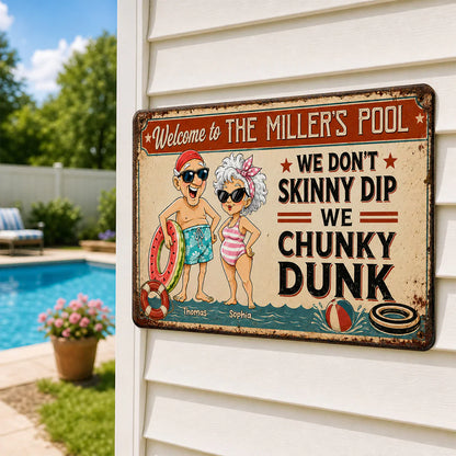 Personalized Rectangular Iron Sign, Vintage Chunky Dunk Pool Decor with Smiling Swimmers, Unique Gift for Pool Owners