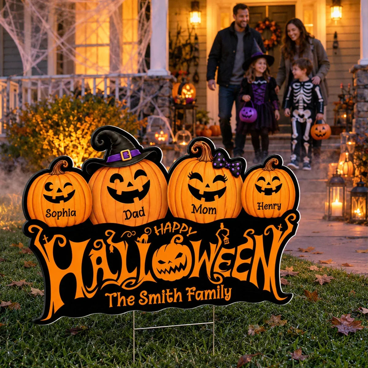 Personalized Shaped Yard Sign with Smiling Jack-O-Lantern Family, Front Yard Halloween Decor, Unique Family Gift