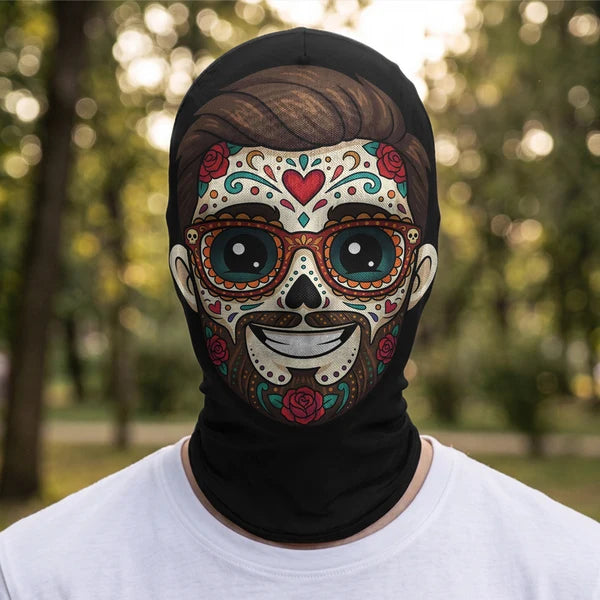 Personalized Mesh Print Balaclava Hat, Smiling Floral Sugar Skull, Creative Mexican Day of the Dead Gift for Him