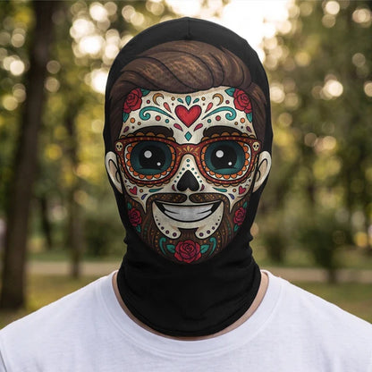 Personalized Mesh Print Balaclava Hat, Smiling Floral Sugar Skull, Creative Mexican Day of the Dead Gift for Him