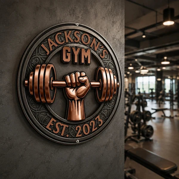 Custom Shaped Metal Sign with Fist Gripping Barbell, Strength Wall Art, Creative Gift for Gym Lovers