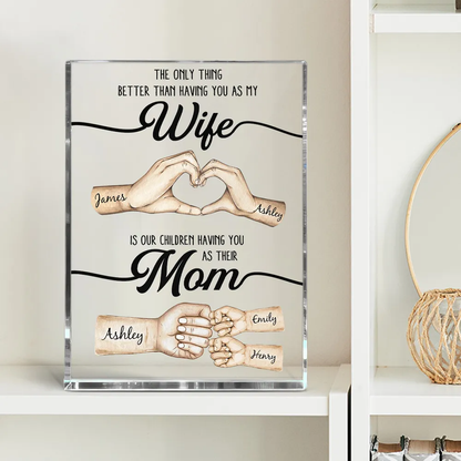 Rectangle Acrylic Block Plaque Personalized for Wife, Sweet Mom Keepsake with Hand Heart and Fist Bump Art, Unique Gift