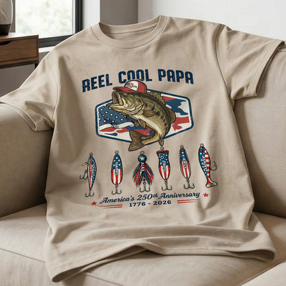 Personalized Classic Tee with Fishing Bass Art, Patriotic Papa Shirt, Unique Gift for Dad or Grandpa