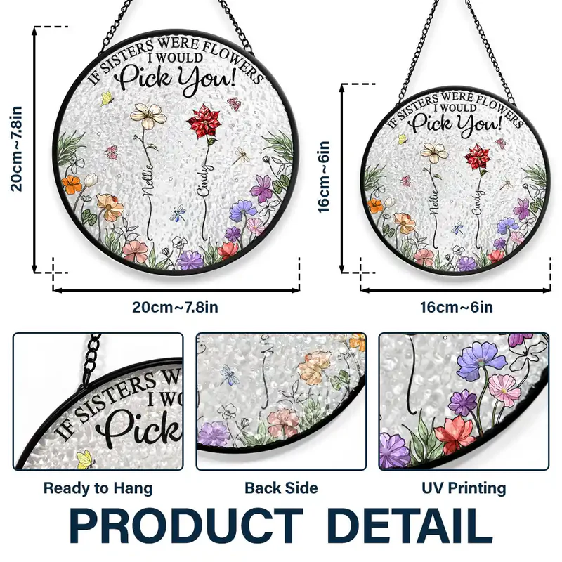 Personalized Birth Flower Sisters Glass Suncatcher Ornament for a Bright Window Display, Unique Gift for Sister or Best Friend