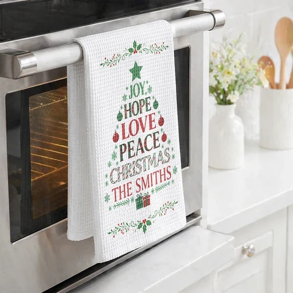 Joy Hope Love Peace Personalized Kitchen Towel, Creative Christmas Gift for Mom and Family