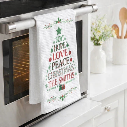 Joy Hope Love Peace Personalized Kitchen Towel, Creative Christmas Gift for Mom and Family