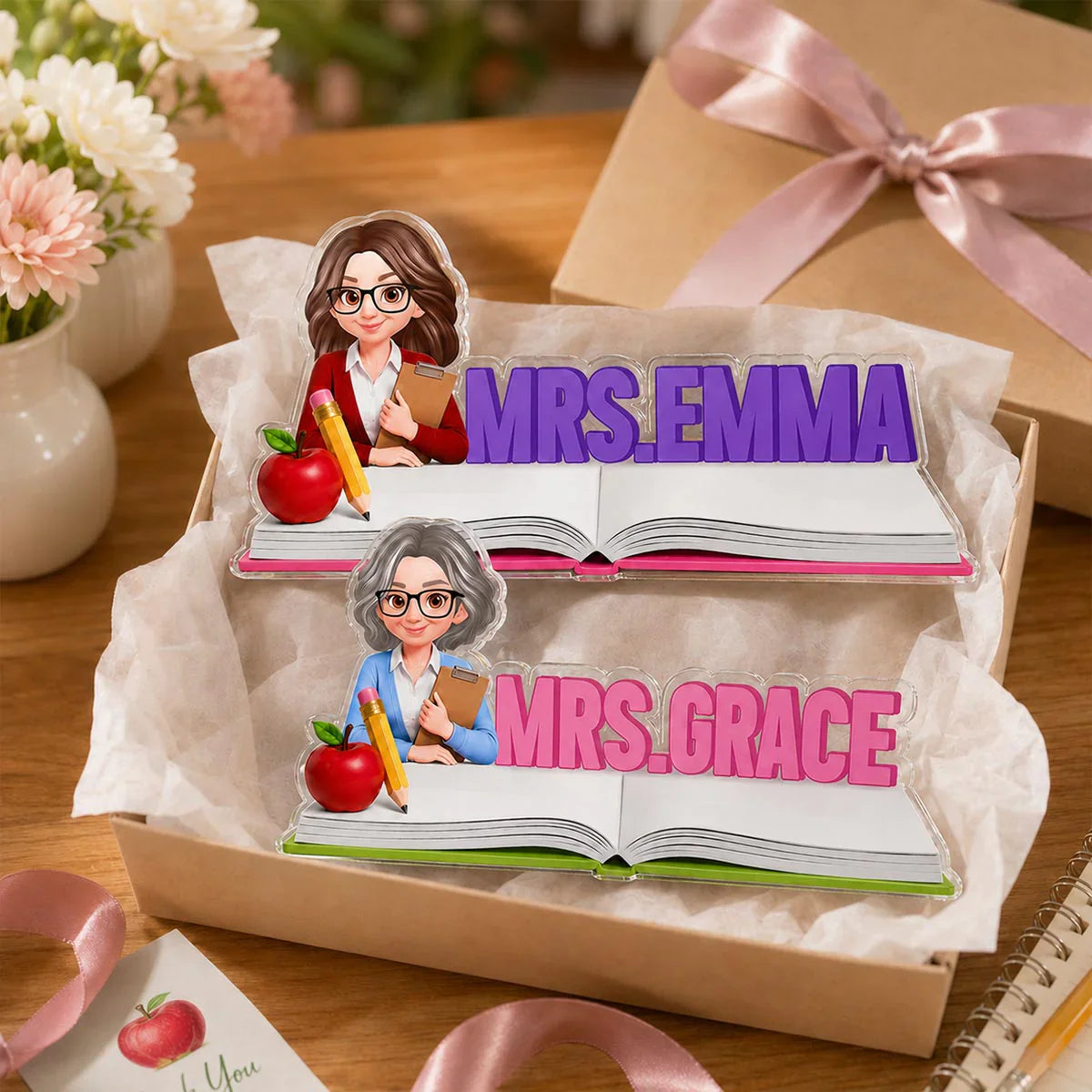 Teacher Shaped Acrylic Block Plaque, Personalized Classroom Desk Decor, Unique Gift with Heart