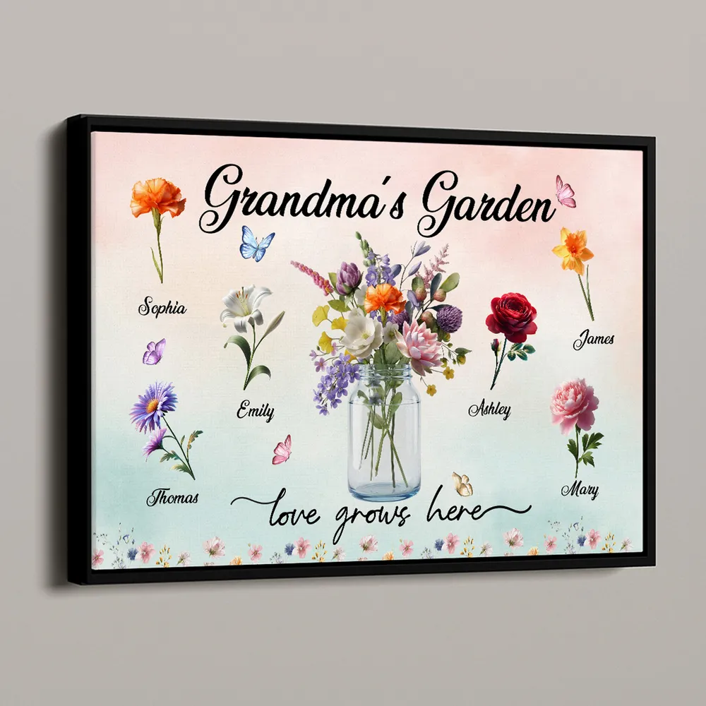 Personalized Grandma's Garden Flower Jar Poster, Custom Family Names Wall Art, Unique Gift for Grandma