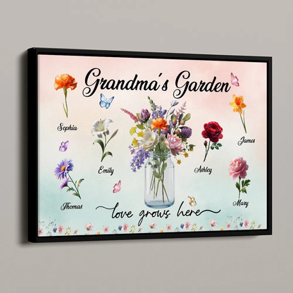 Personalized Grandma's Garden Flower Jar Poster, Custom Family Names Wall Art, Unique Gift for Grandma