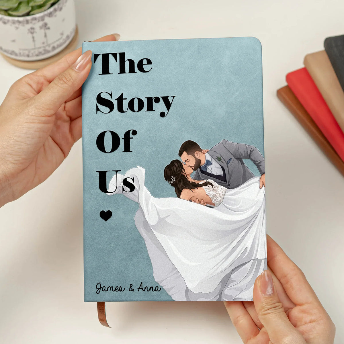 Personalized Leather Journal With Kissing Couple Portrait, Our Story So Far Unique Gift For A Couple