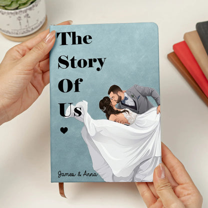 Personalized Leather Journal With Kissing Couple Portrait, Our Story So Far Unique Gift For A Couple