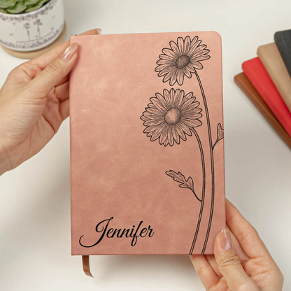 Personalized Leather Journal with Birth Flower Design – Custom Name Notebook Keepsake, Thoughtful Unique Gift for Her