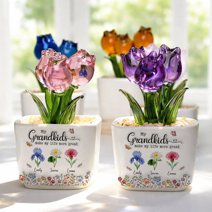 Square Glass Planter, My Grandkids Tulip Keepsake, Creative Gift for a Grandparent's Home