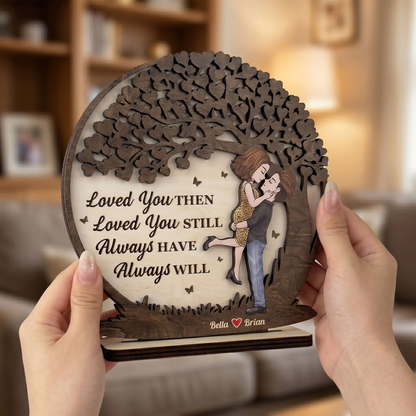 Personalized 2-Layer Wooden Plaque, Hugging Couple Heart Tree, Unique Anniversary Gift For Her
