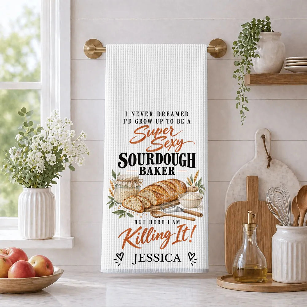 Personalized Sourdough Baker Kitchen Towel with Bread Artwork and Funny Quote, Creative Gift for Home Bakers