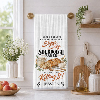 Personalized Sourdough Baker Kitchen Towel with Bread Artwork and Funny Quote, Creative Gift for Home Bakers