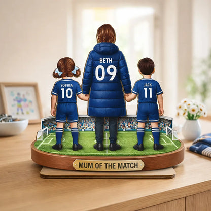 Personalized 2-Layer Wooden Plaque Soccer Mom and Kids Holding Hands Field Scene, Mum of the Match Unique Gift