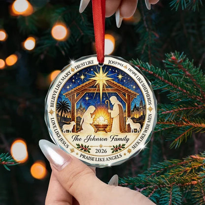 Crystal Ornament with Joseph Beside the Manger in Rich Blue, Personalized Faith Keepsake, Creative Gift for Family