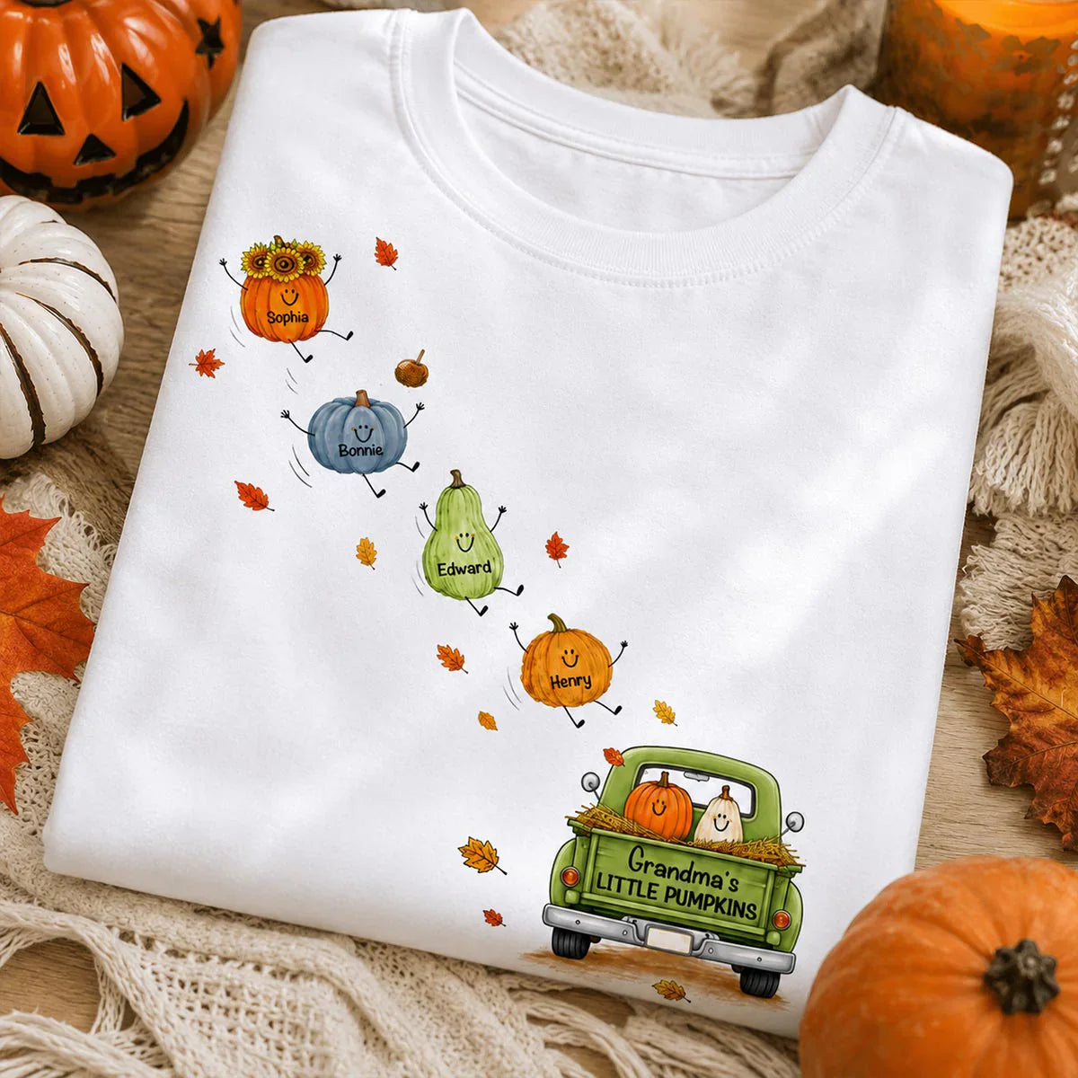 Personalized Classic Tee with Grandma's Little Pumpkins, Fall Pumpkin Unique Gift for Grandma