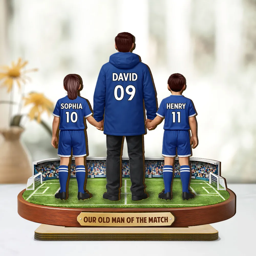 Personalized 2-Layer Wooden Plaque Soccer Dad Holding Kids' Hands Stadium Scene, Unique Father's Day Gift