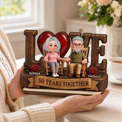 Personalized 2-Layer Wooden Plaque, Senior Couple Holding Hands, Unique Anniversary Gift