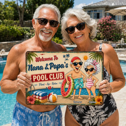 Personalized Rectangular Iron Sign, Poolside Couple Cartoon, Creative Gift for Pool Loving Couples
