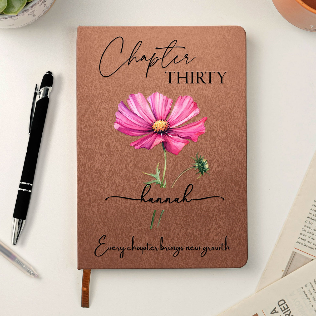 Personalized Leather Journal with Birth Year Chapter and Floral Art, Unique Birthday Gift for Her to Celebrate Every New Chapter
