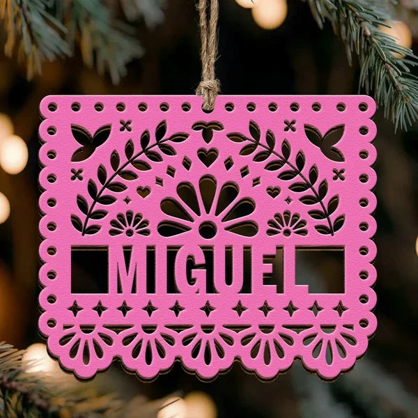 Personalized Wooden Ornament, Bright Papel Picado Art for Christmas Trees, Creative Keepsake Gift for Mom or Dad
