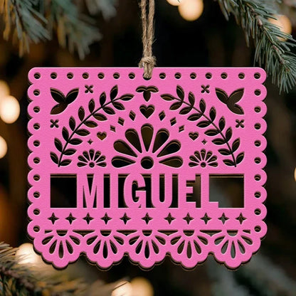 Personalized Wooden Ornament, Bright Papel Picado Art for Christmas Trees, Creative Keepsake Gift for Mom or Dad