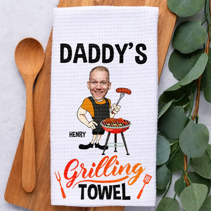 Personalized Kitchen Towel With Daddy Grilling Cartoon, Unique BBQ Gift For Dad