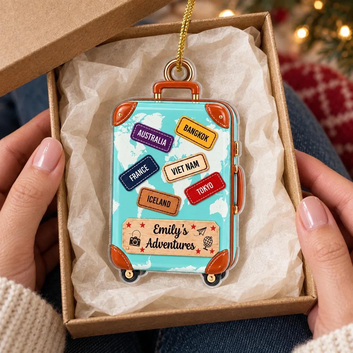 Personalized Acrylic Ornament, Turquoise Suitcase World Map Keepsake, Unique Travel Gift for Travelers
