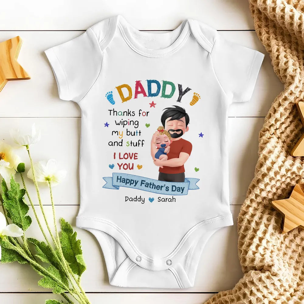 Personalized Short Sleeve Baby Onesie, Hugging Dad & Baby Cartoon, Unique Creative Father's Day Gift for Dad