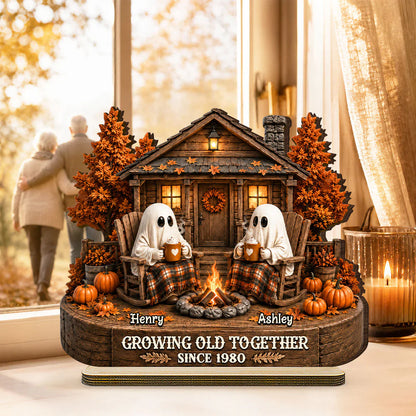 Personalized 2-Layer Wooden Plaque, Ghost Couple by Campfire, Unique Halloween Gift for Couples