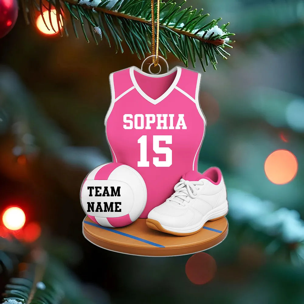 Personalized Acrylic Ornament with Red Volleyball Jersey, Ball and Shoes, Unique Christmas Gift for Player