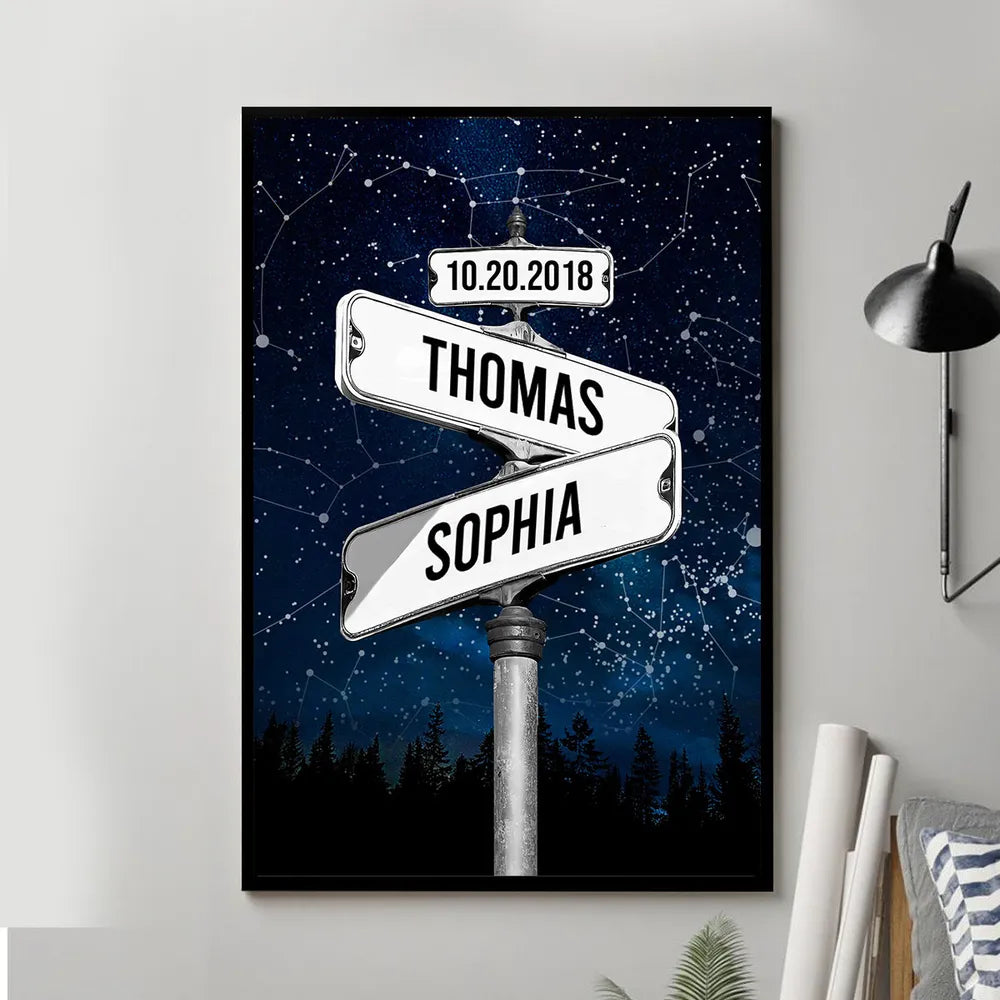 Personalized Star Map Poster with Street Sign Names, Custom Night Sky Wall Art, Unique Gift for Couples and Anniversaries