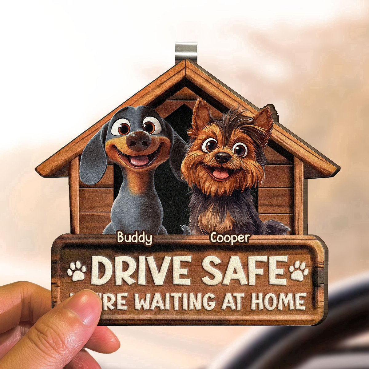 Personalized Wooden Car Visor Clip with Cute Dogs and 'Drive Safe We're Waiting At Home' Unique Gift for Pet Owners