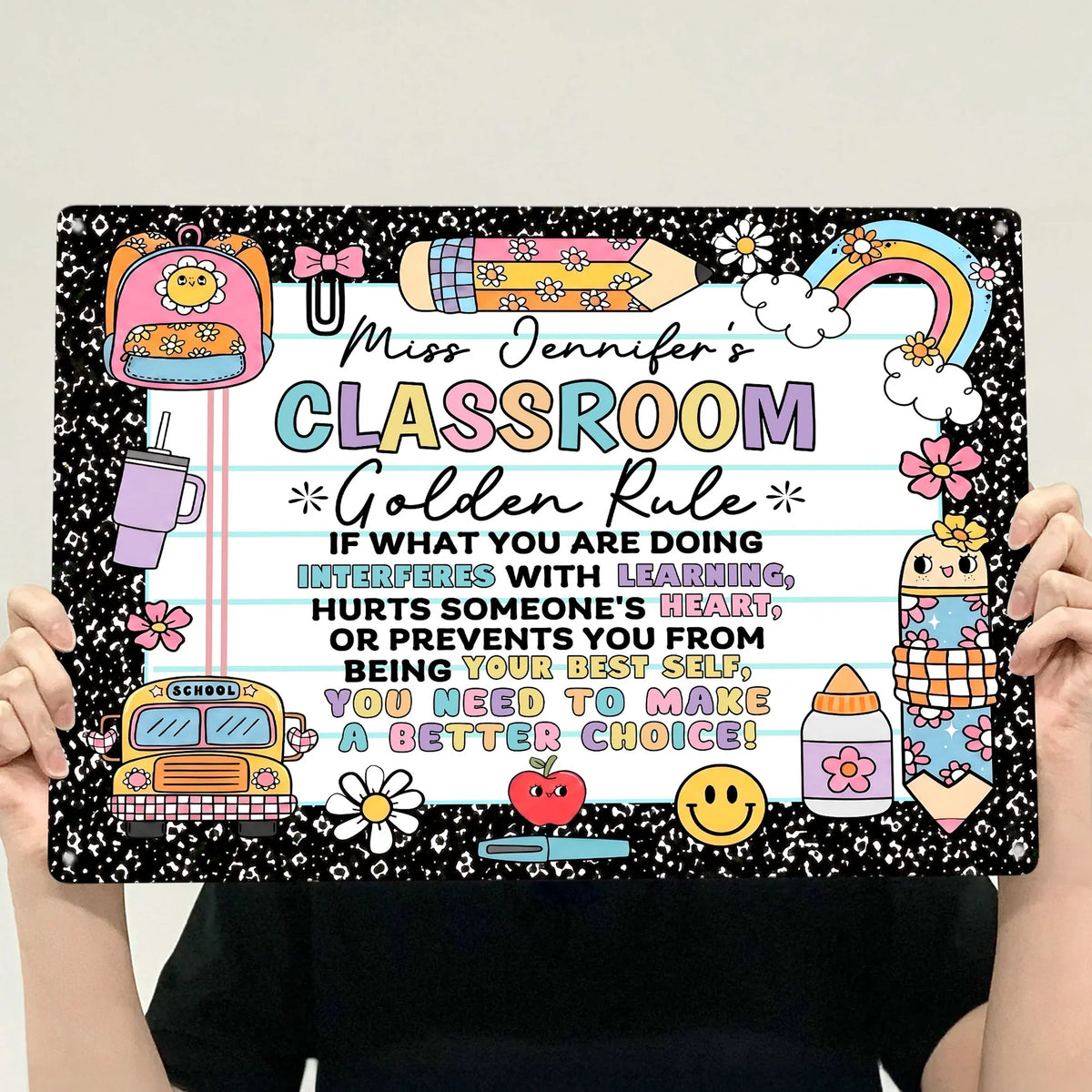 Personalized Rectangular Iron Sign for Teacher, Rainbow Classroom Golden Rule Decor, Unique Gift