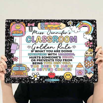 Personalized Rectangular Iron Sign for Teacher, Rainbow Classroom Golden Rule Decor, Unique Gift