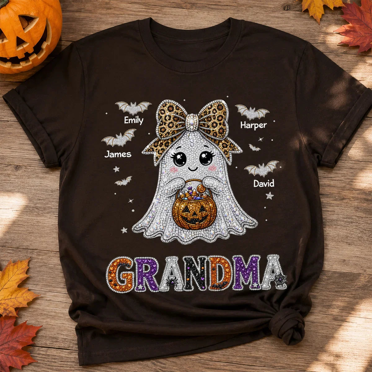 Personalized Grandma Classic Tee with Cute Ghost and Bats, Unique Halloween Gift