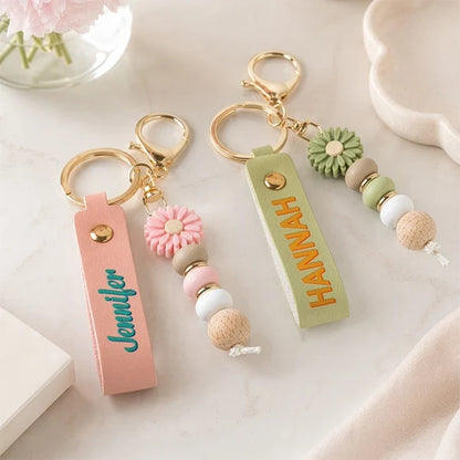 Personalized PU Leather Daisy Keychain, Cheerful Earth Tone Keepsake, Creative Gift for Daughter, Teacher or Coworker