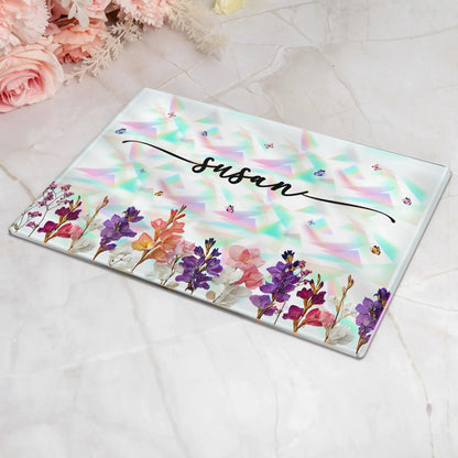 Tempered Glass Cutting Board With Custom Script Name, Watercolor Flowers, Creative Kitchen Gift for Her