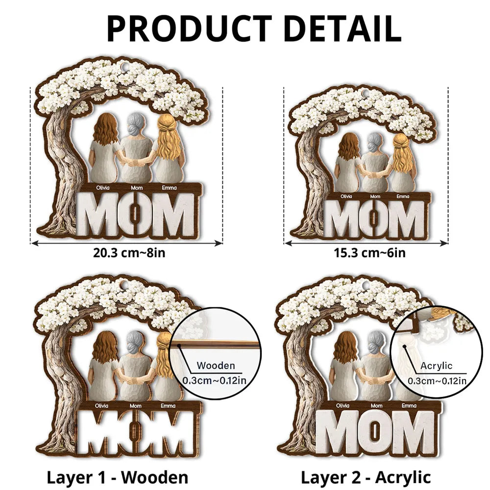 Personalized Wood and Acrylic Layered Ornament for Mom, Back View Family Under Blossom Tree, Unique Gift for Her