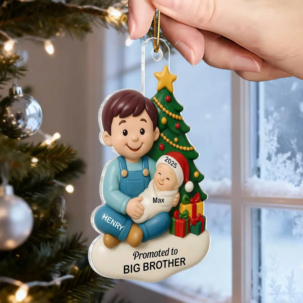 Personalized Acrylic Ornament, Big Sister or Big Brother Holding a New Baby by a Christmas Tree, Unique Sibling Gift