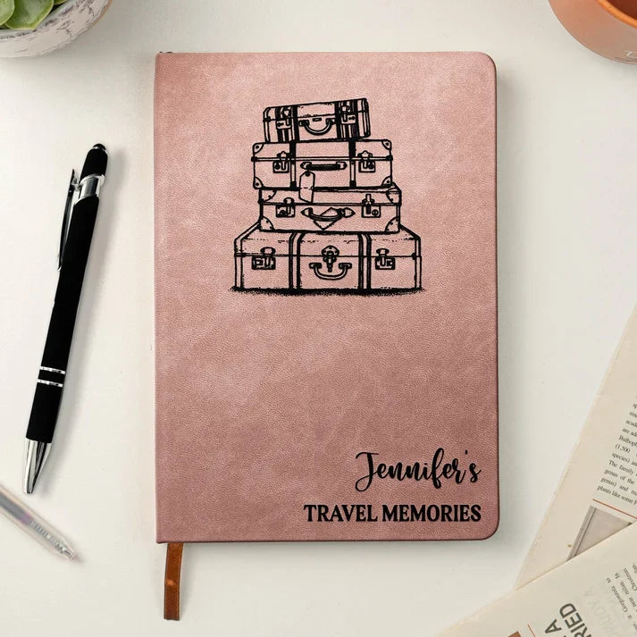 Personalized Leather Journal for Travel Memories with Compass and Luggage Art, Creative Gift for Friends