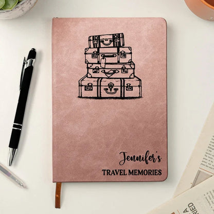 Personalized Leather Journal for Travel Memories with Compass and Luggage Art, Creative Gift for Friends