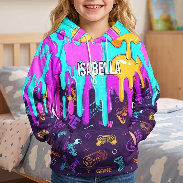 Personalized Youth Printed Hoodie, Colorful Gaming Art for Young Gamers, Unique Gift for a Son